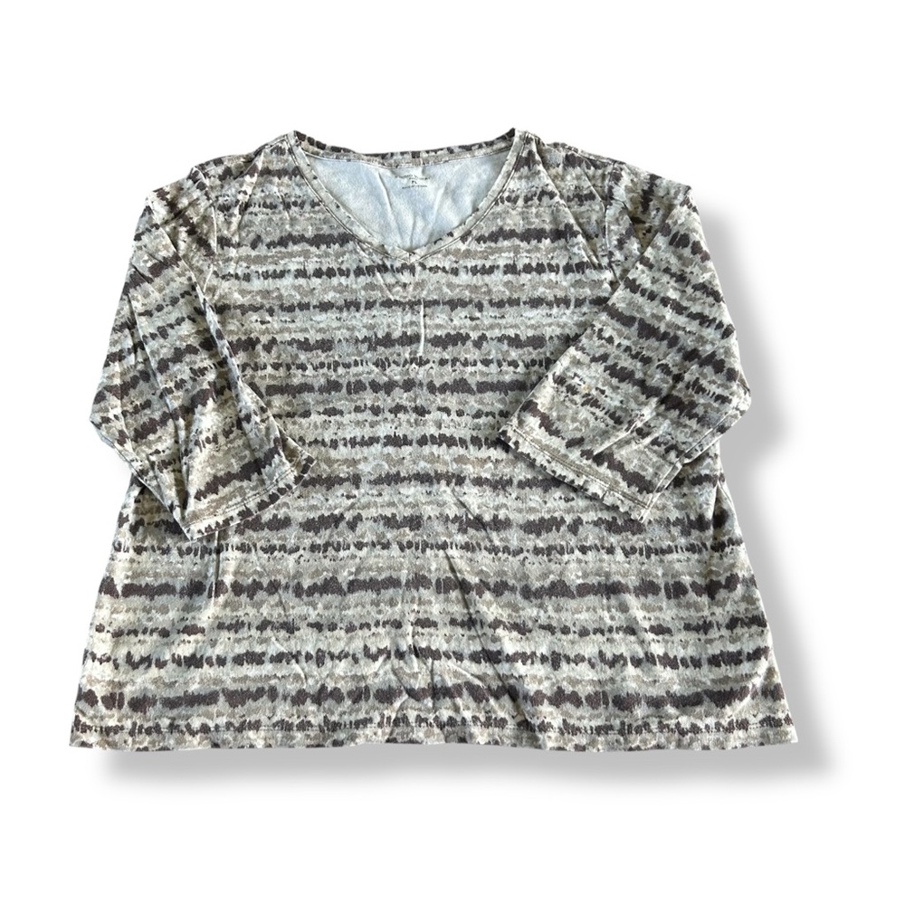 [Studio Works] Brown and White V-Neck 3/4 Sleeve Top